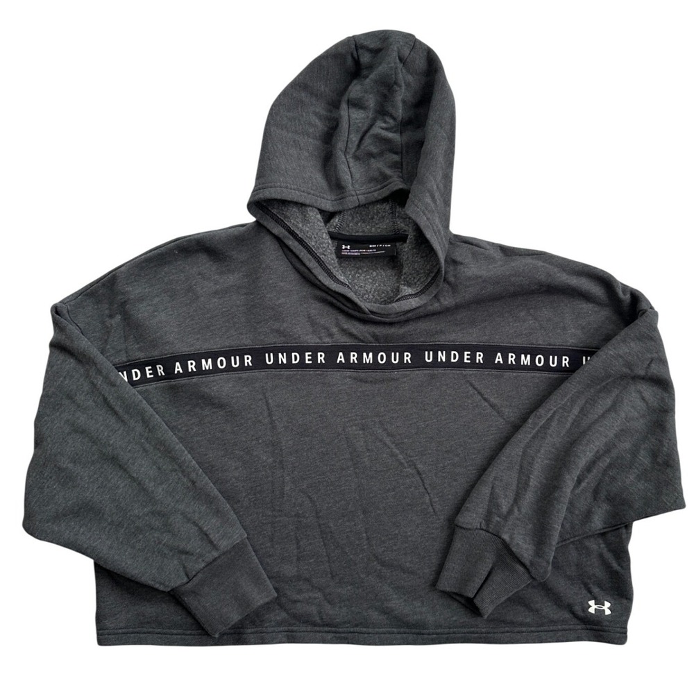 Under Armour Cropped Hoodie Women Small Gray Tape Logo Loose Fit Excellent